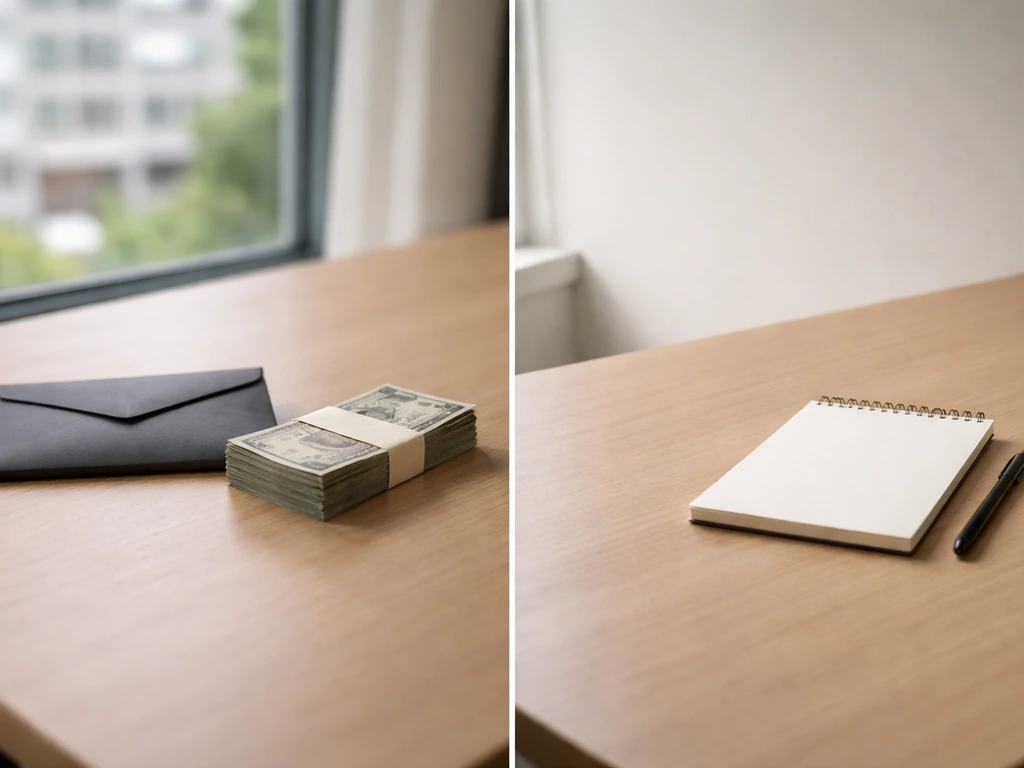 Split scene showing a sealed envelope with cash on one side and a quiet empty desk on the other