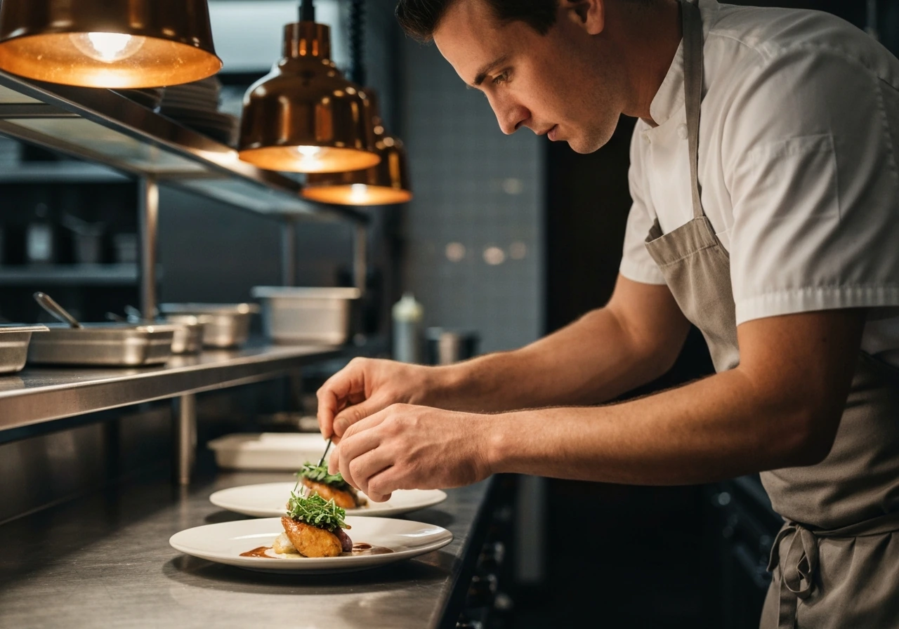 Chef in a New York-style kitchen plating a dish under bright lights