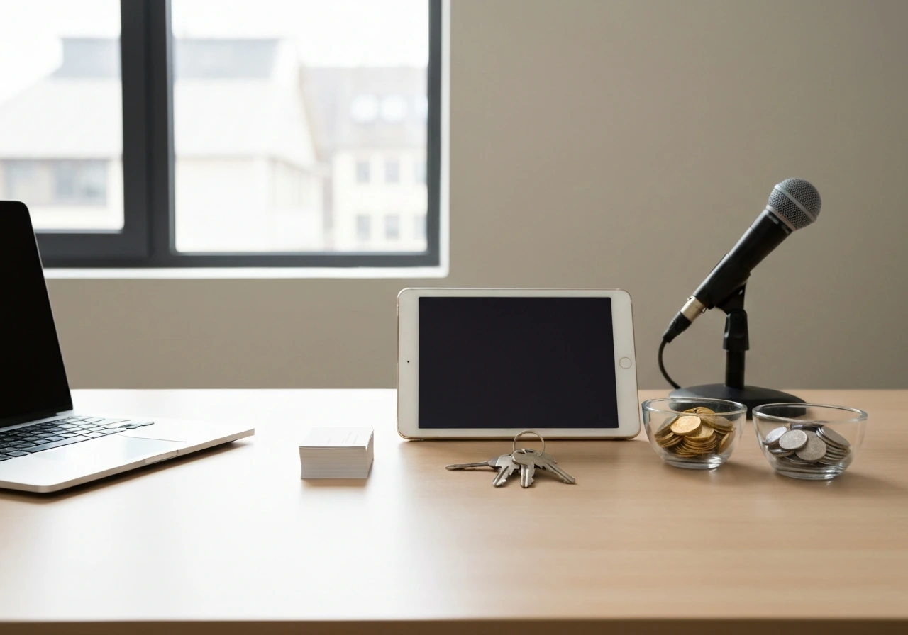 Minimal desk scene with coins in three bowls, laptop, keys, and a microphone symbolizing net worth components.