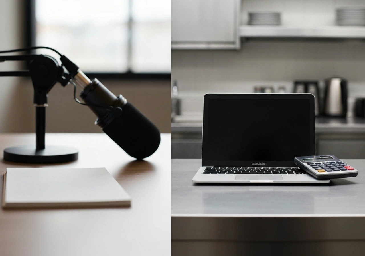 Interview microphone beside private desk tools, symbolizing disclosed vs unclear restaurant wealth estimates.