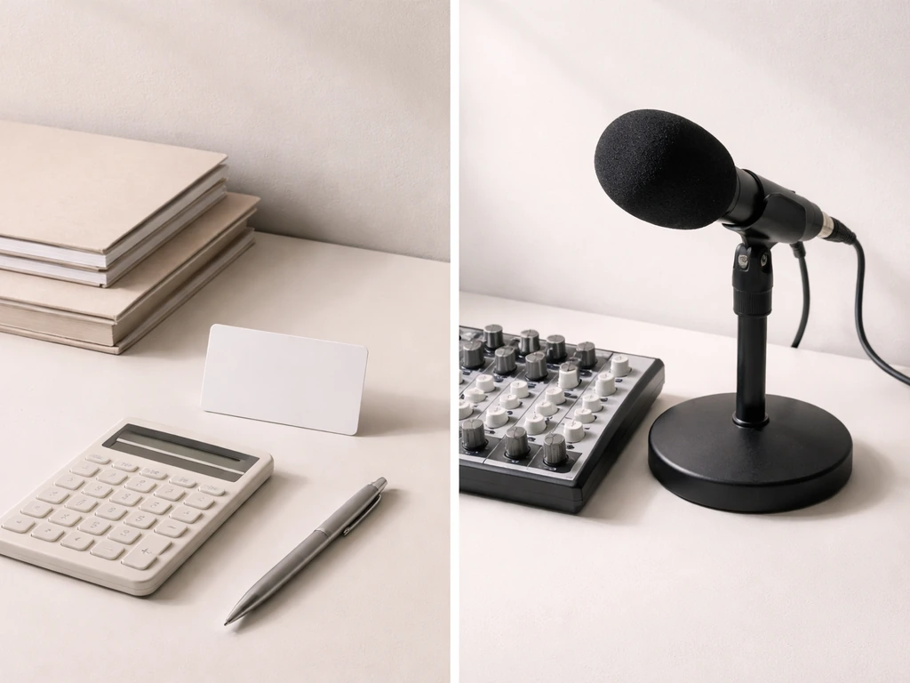 Split finance-and-sports media desk scene with calculator, folders, microphone, and audio gear, no people.