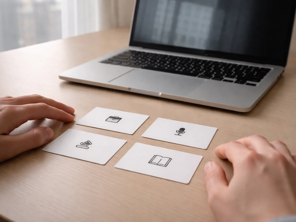 Minimal photo of a laptop search screen reflection and four identity cards with different icons, no text.