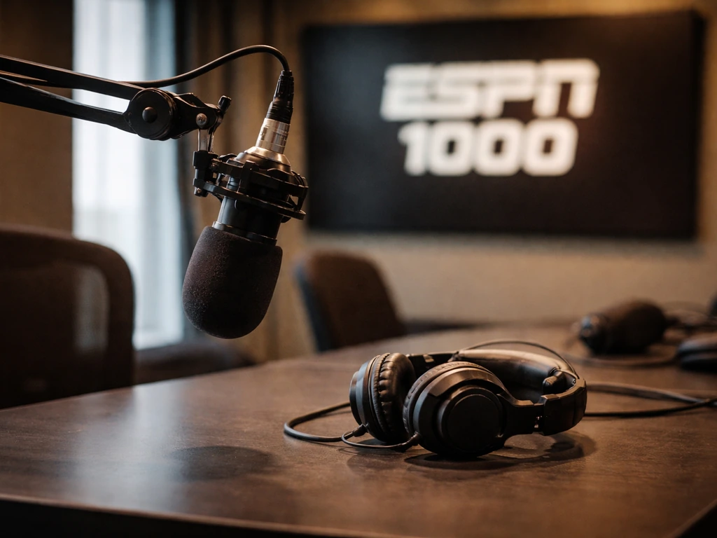 Minimal radio studio scene with a microphone, broadcast headphones, and an ESPN 1000-style interface