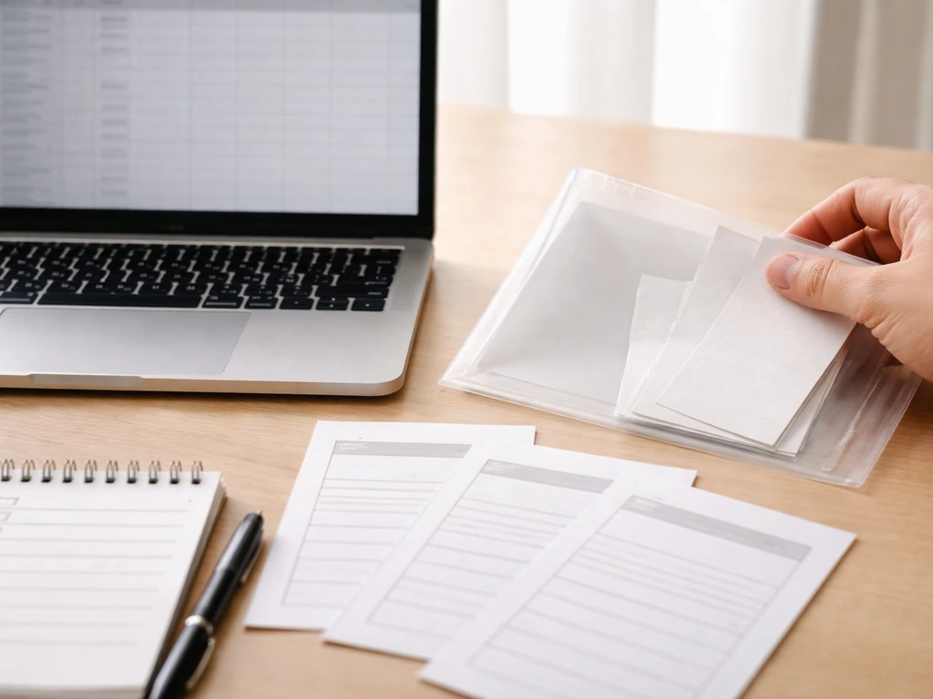 Close-up of an anonymous hand organizing blank receipts and a laptop spreadsheet grid for verifying an estimate.