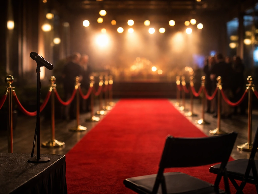 Red-carpet premiere vibe in Barcelona with soft spotlights and a silhouetted film/media scene