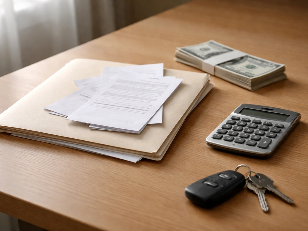 Minimal desk scene showing scattered documents, cash, and a calculator, symbolizing building a net worth estimate.