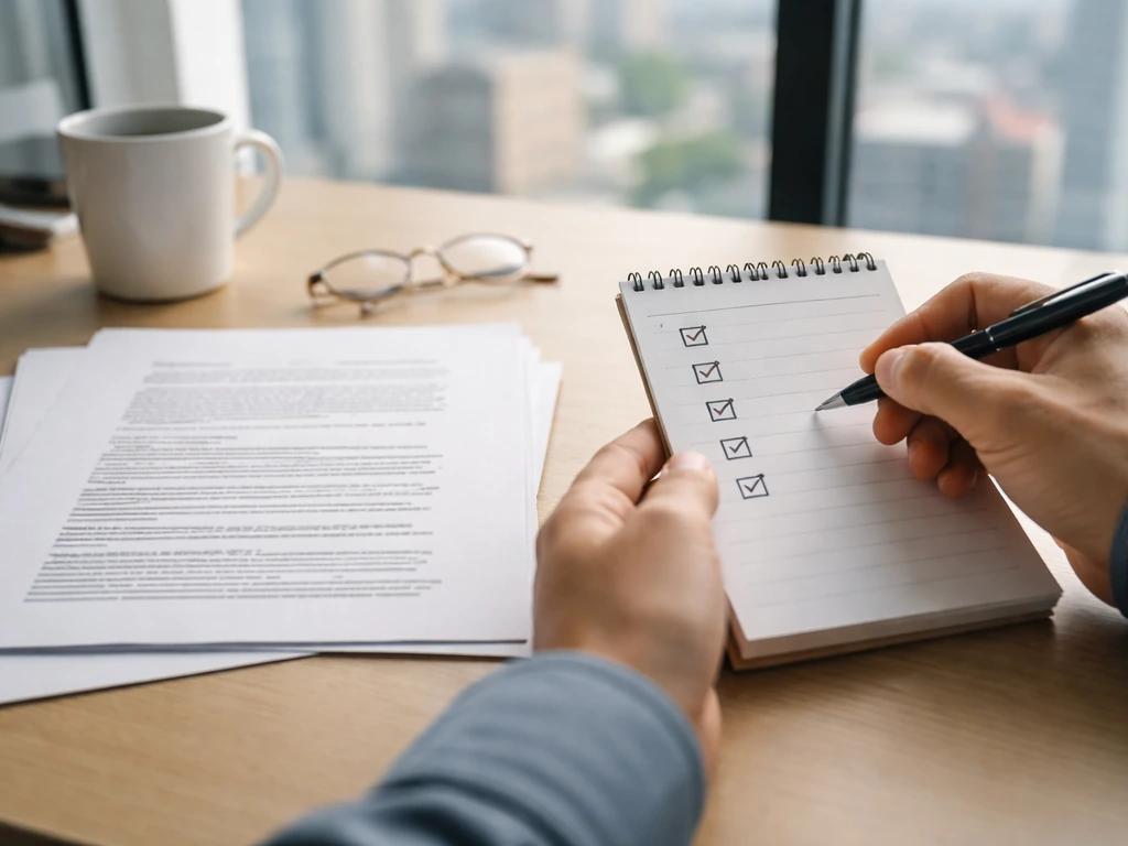 Person reviewing a simple checklist and printed source pages in a quiet office desk setup