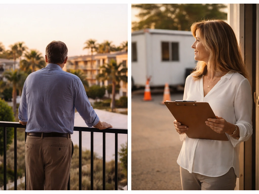 Split photo: anonymous man overlooking Florida real estate, paired with anonymous woman at property site office.