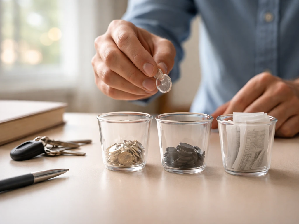 Hands sorting unlabeled asset and liability tokens into cups on a simple desk.