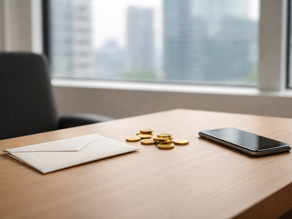 Minimal photo of a banker-style desk with an envelope, coins, and a blurred city skyline backdrop
