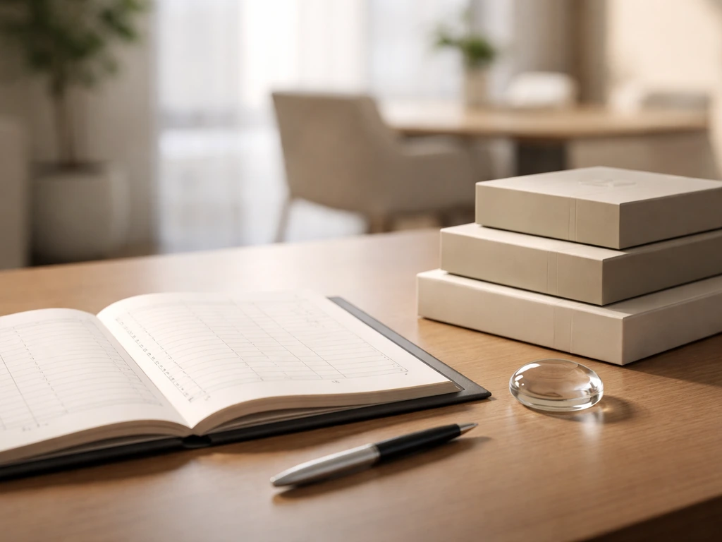 Close-up of an open office ledger, pen, and premium packaging on a clean desk symbolizing business ownership.