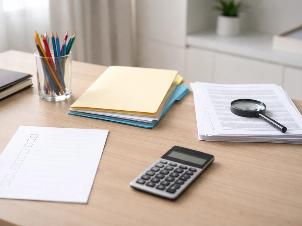 Minimal office desk with documents, a checkmark checklist, and a calculator, symbolizing transparent estimate review.