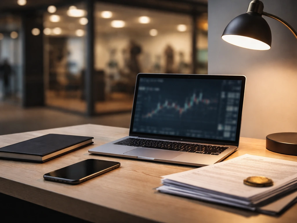 Minimal desk with laptop and gold coin, blurred finance visuals, plus out-of-focus gym entrance.