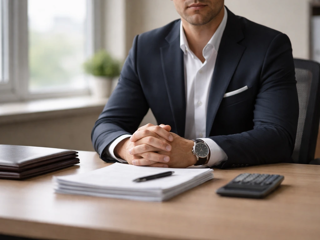Business executive in a quiet office with finance cues like folders and a calculator, natural light.