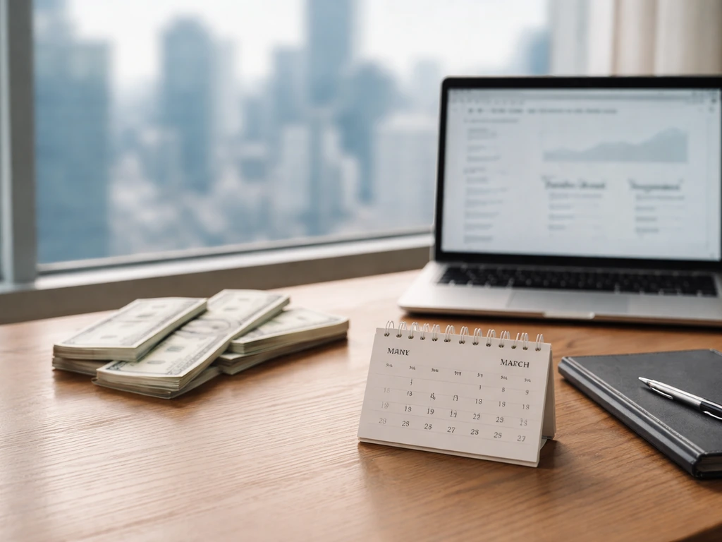 Money and business desk scene suggesting a net worth range estimate with a subtle date reference.