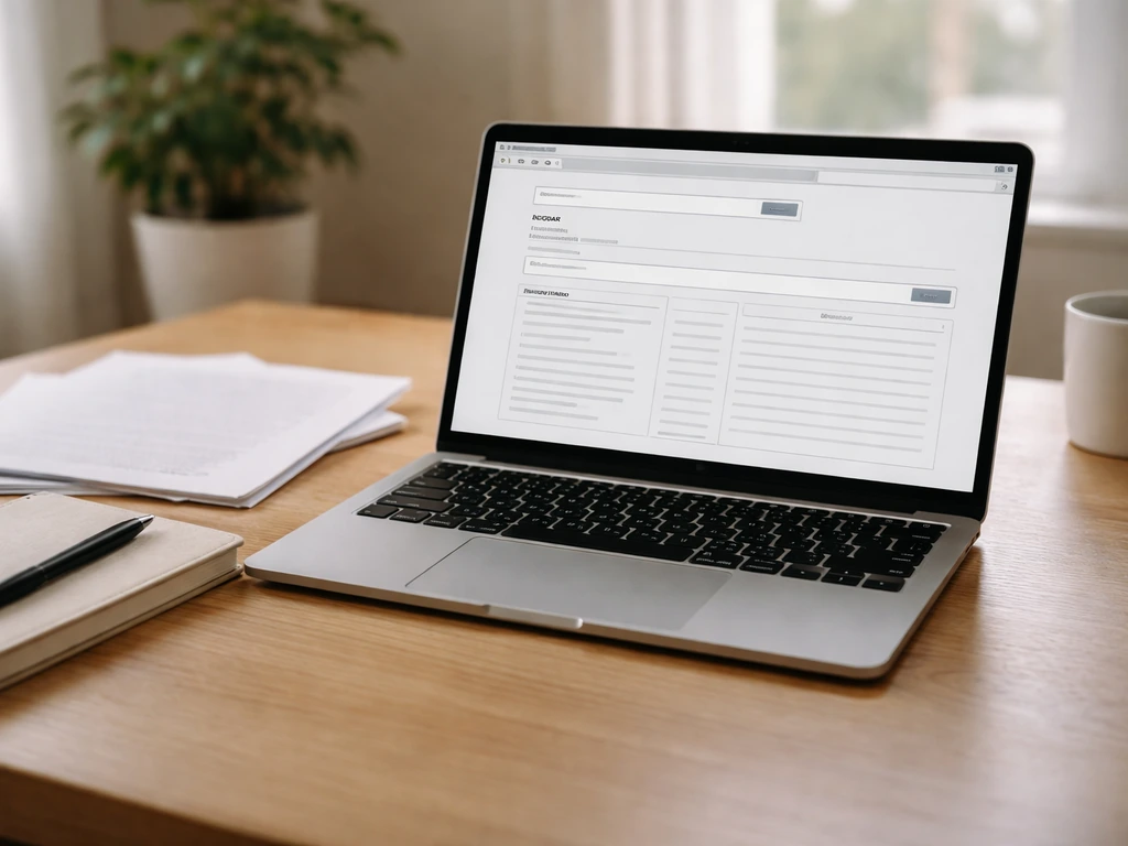 Minimal desk scene with a laptop showing a generic SEC filing search page and document tabs, no text.