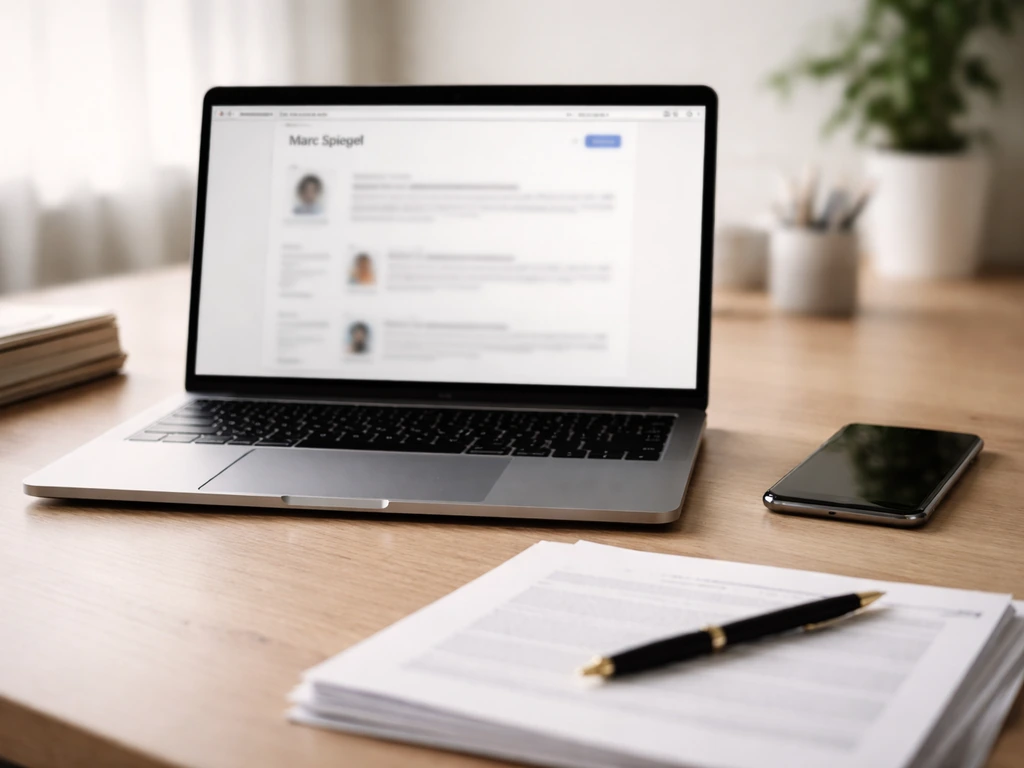 Close-up of a laptop and smartphone showing a generic broker profile search concept, no readable text.