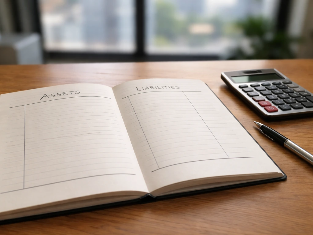 Close-up of an open ledger with handwritten headings “assets” and “liabilities” and a simple balance page.