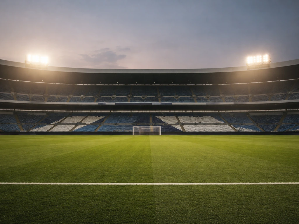 Empty Querétaro FC stadium seats at dusk with bright floodlights and matchday atmosphere.