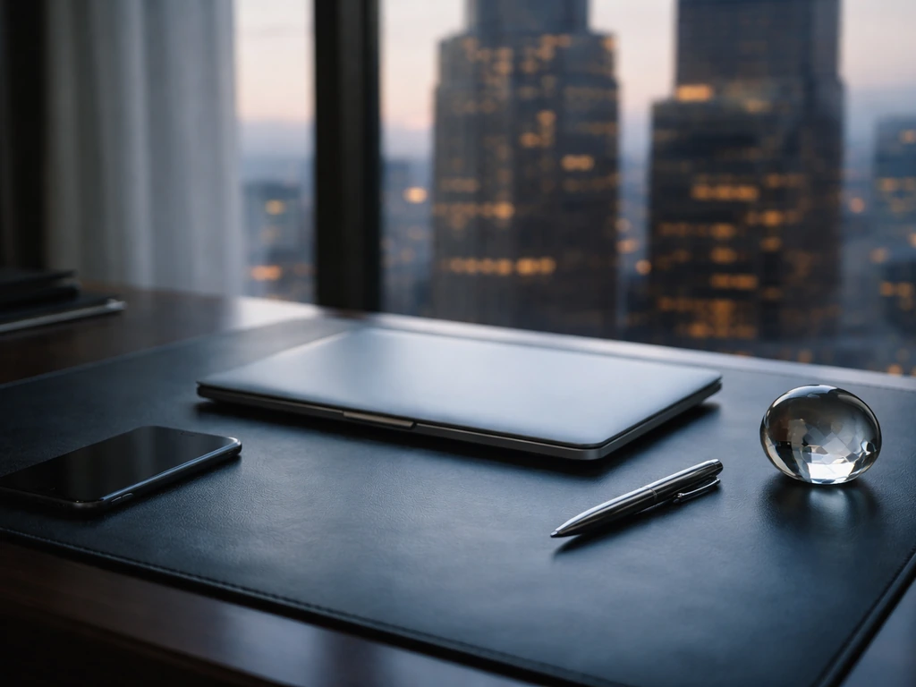 Minimal office scene with a professional desk setup symbolizing finance analysis and net worth research