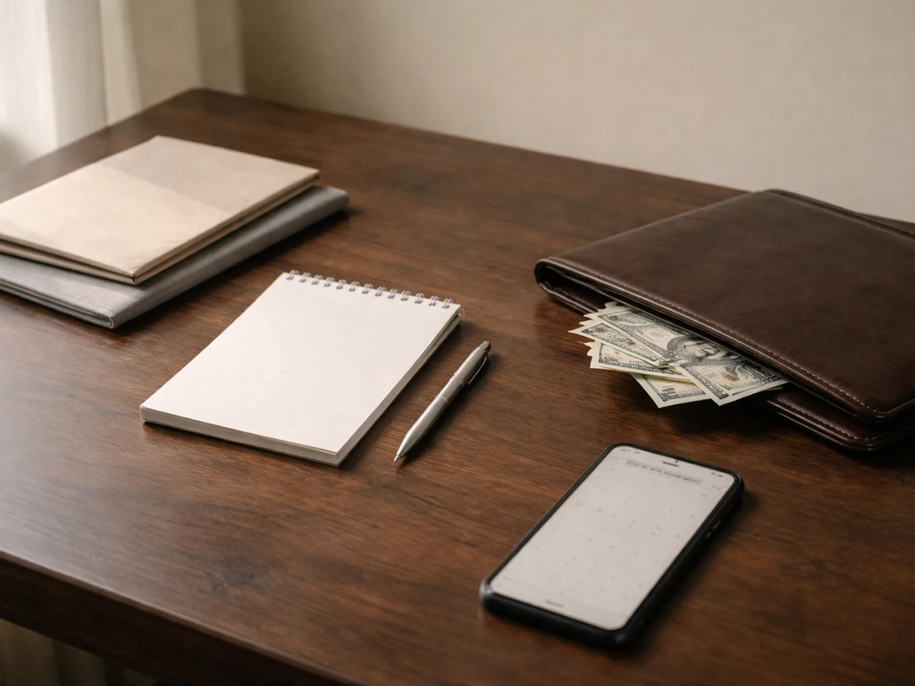 Minimal desk scene with money and a blank calendar page suggesting a net worth estimate as of a date.