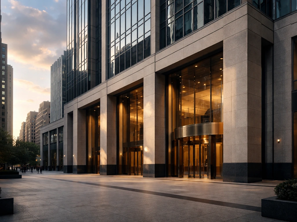 Exterior of a modern financial district building resembling a major investment firm headquarters.