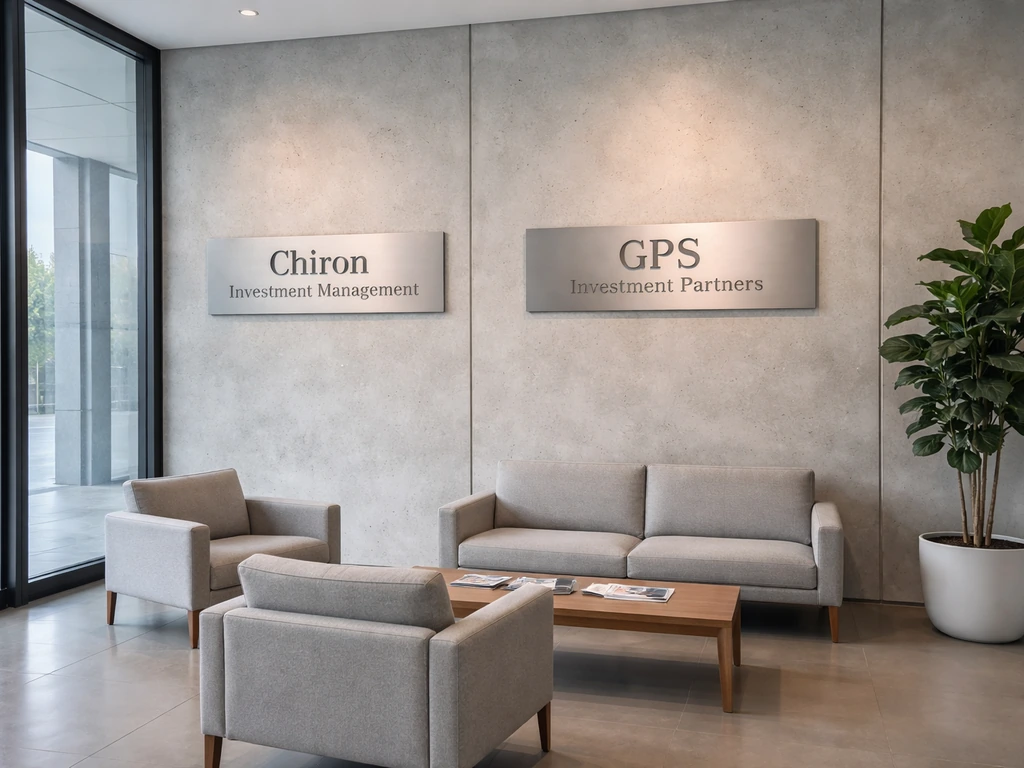 Minimal photo of a modern investment office lobby with two business-brand signplates and a calm, professional atmosphere