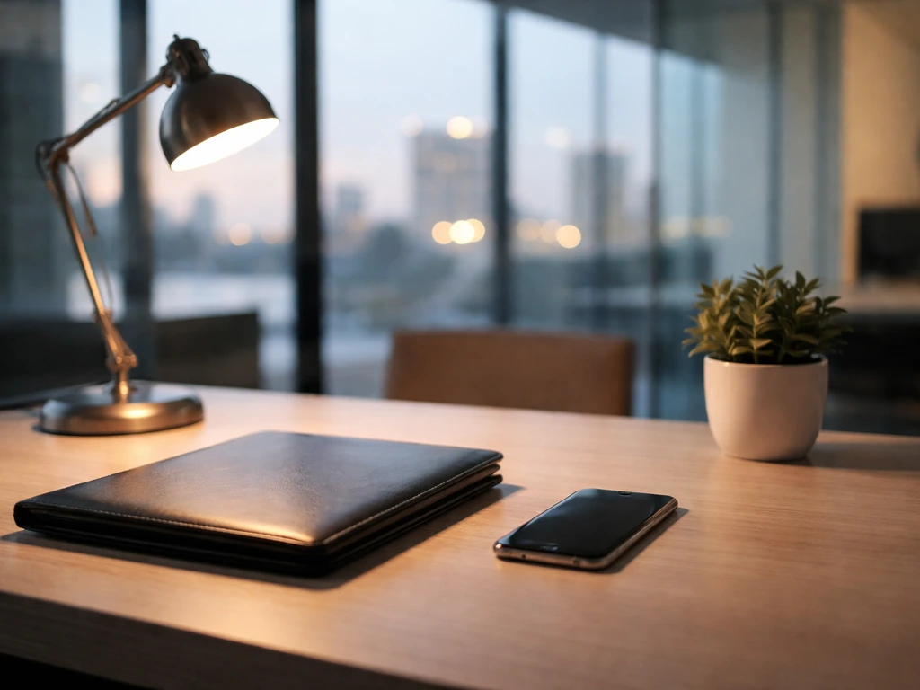 Minimal investment office desk with portfolio and smartphone, natural light, city skyline through windows.