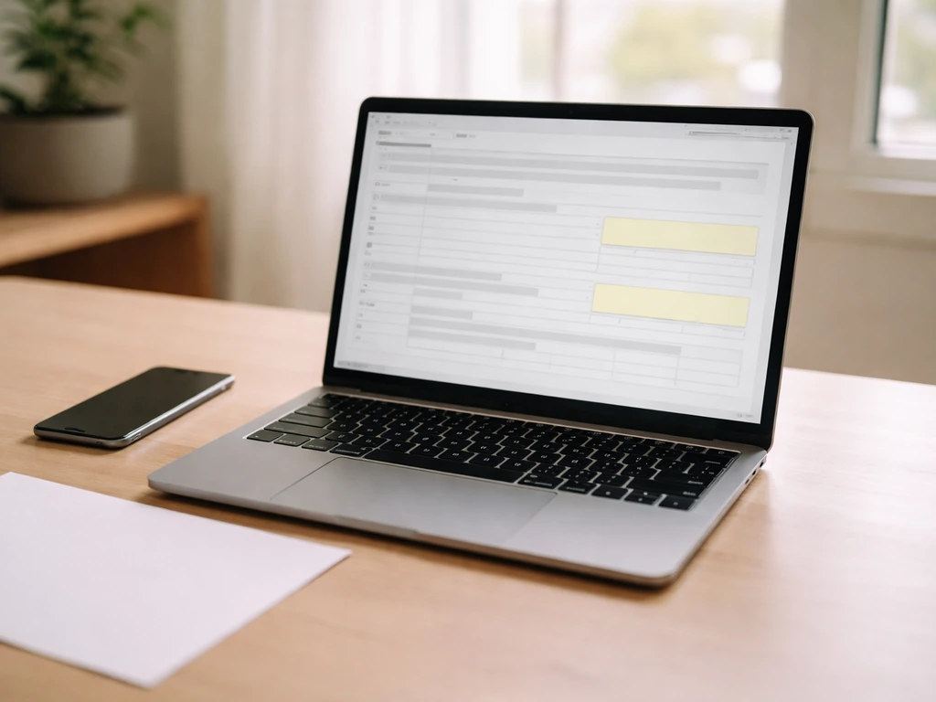 Minimal desk scene with an open laptop showing an EDGAR-style form page without readable text