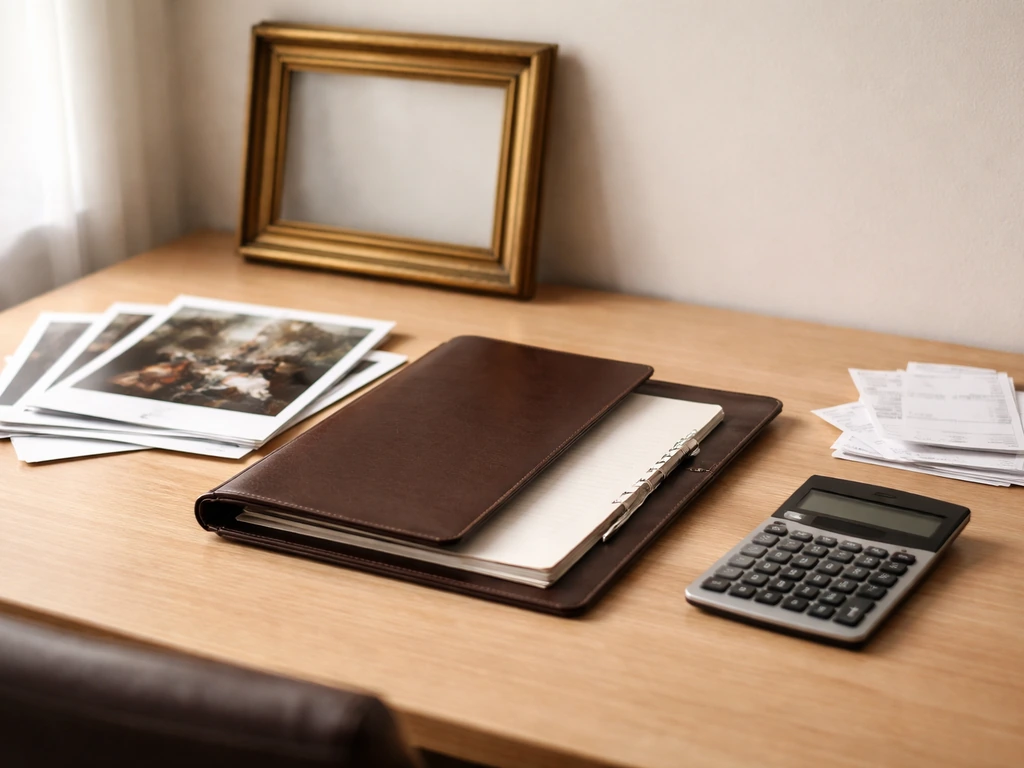 Minimal desk with art prints and finance tools symbolizing how art-dealer net worth estimates are built.