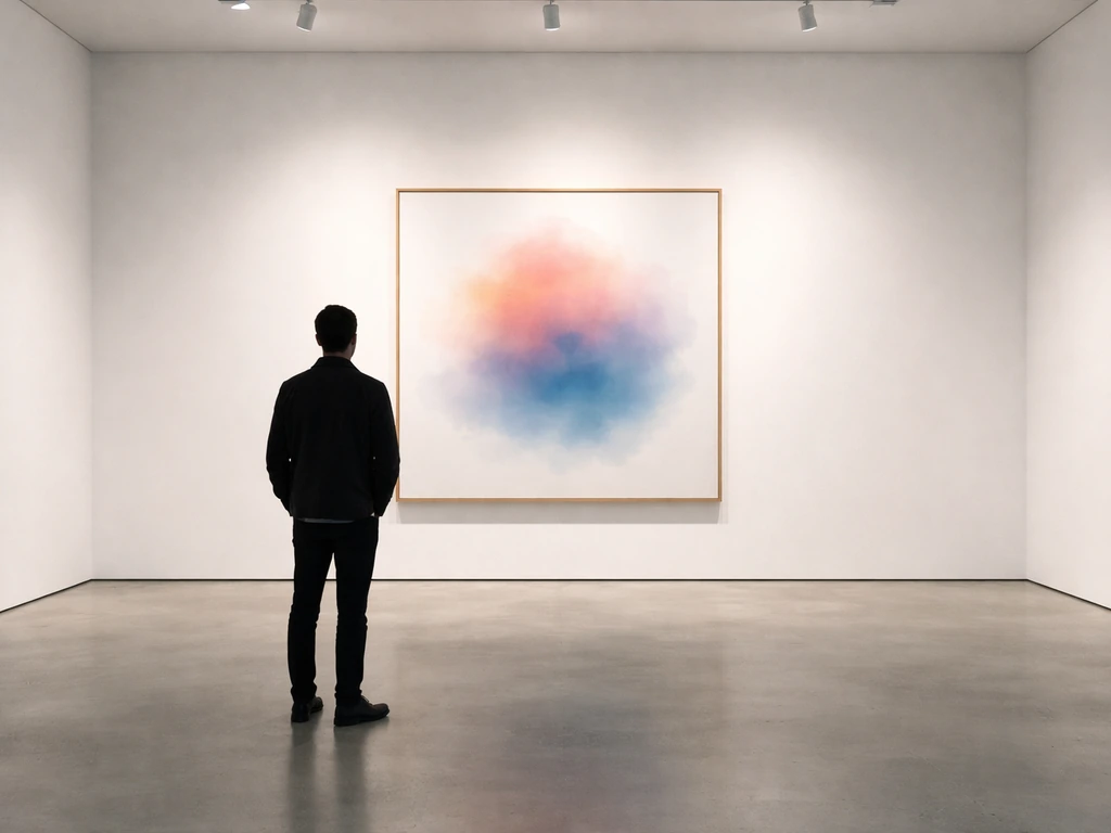 Minimalist view of a contemporary art gallery interior with a large framed artwork and soft spotlights.