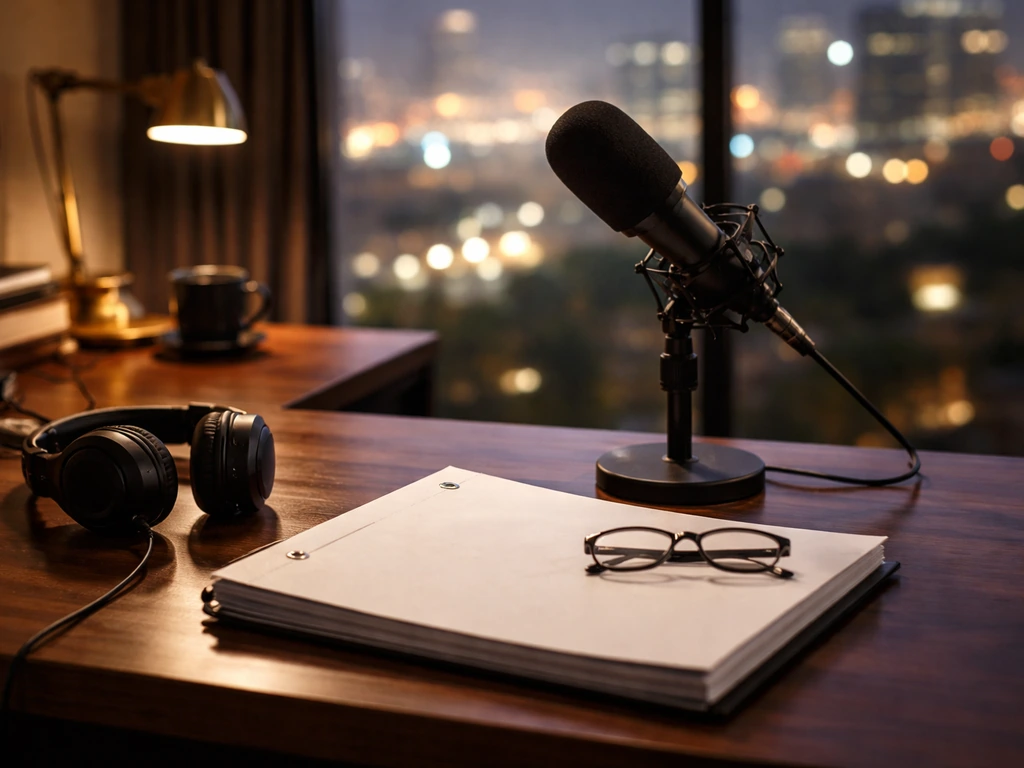 Anonymous Hollywood producer vibe: film studio office desk with a microphone and soft city lights