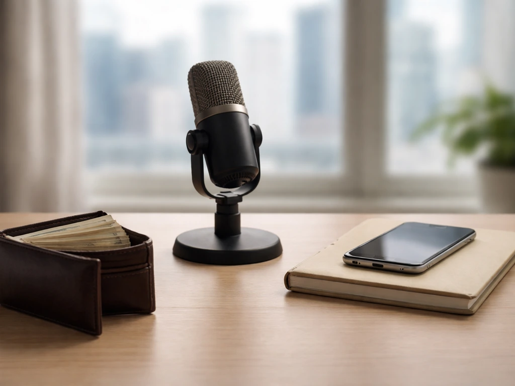 Minimal studio desk with microphone and wallet of cash, softly lit office background, no people or text.
