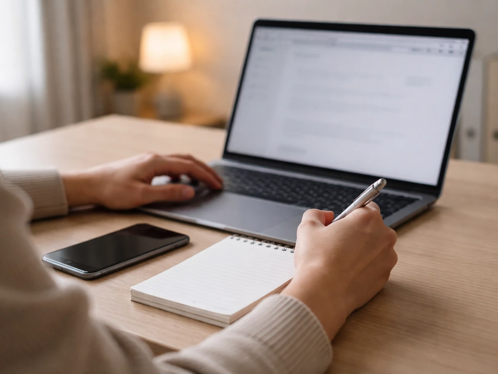 Person at desk reviewing business registry details on laptop for updating an entertainment estimate