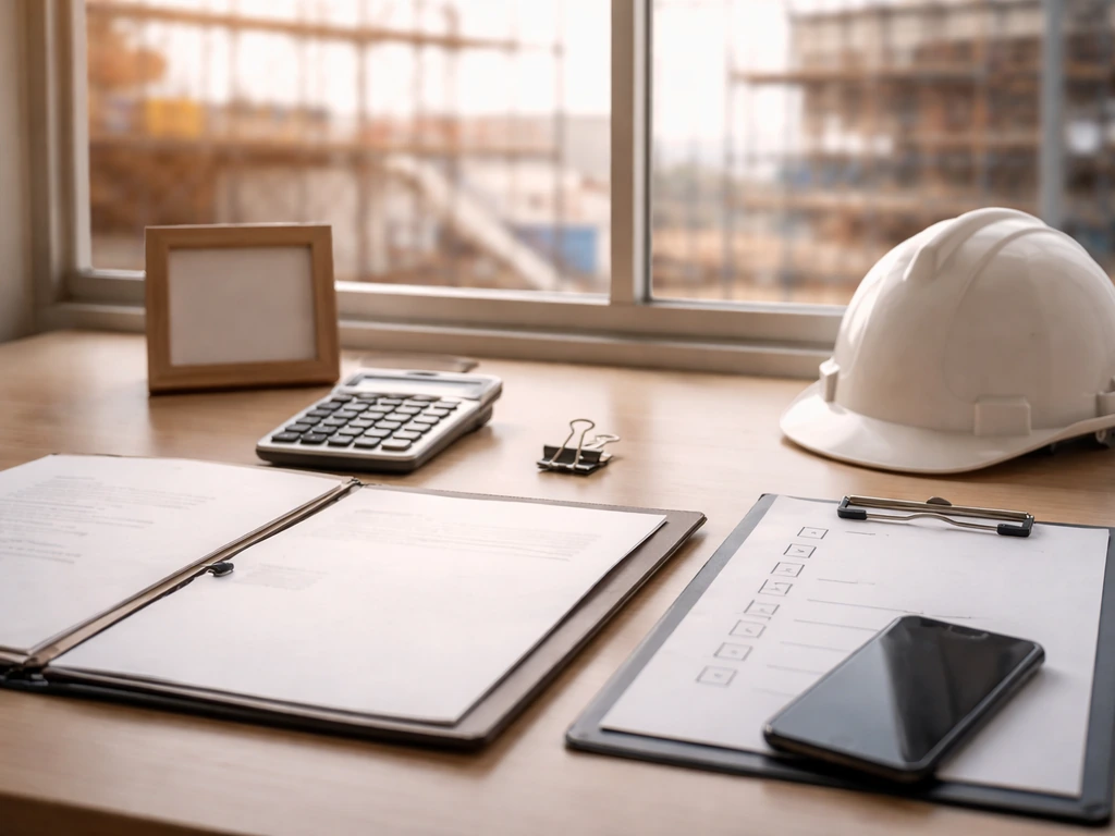 Construction site office desk with calculator and blank paperwork, hinting at net worth verification.