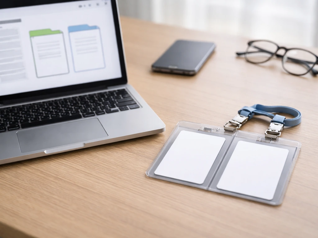 Minimal desk scene with laptop and two blank credential folders side-by-side for name identity checking.