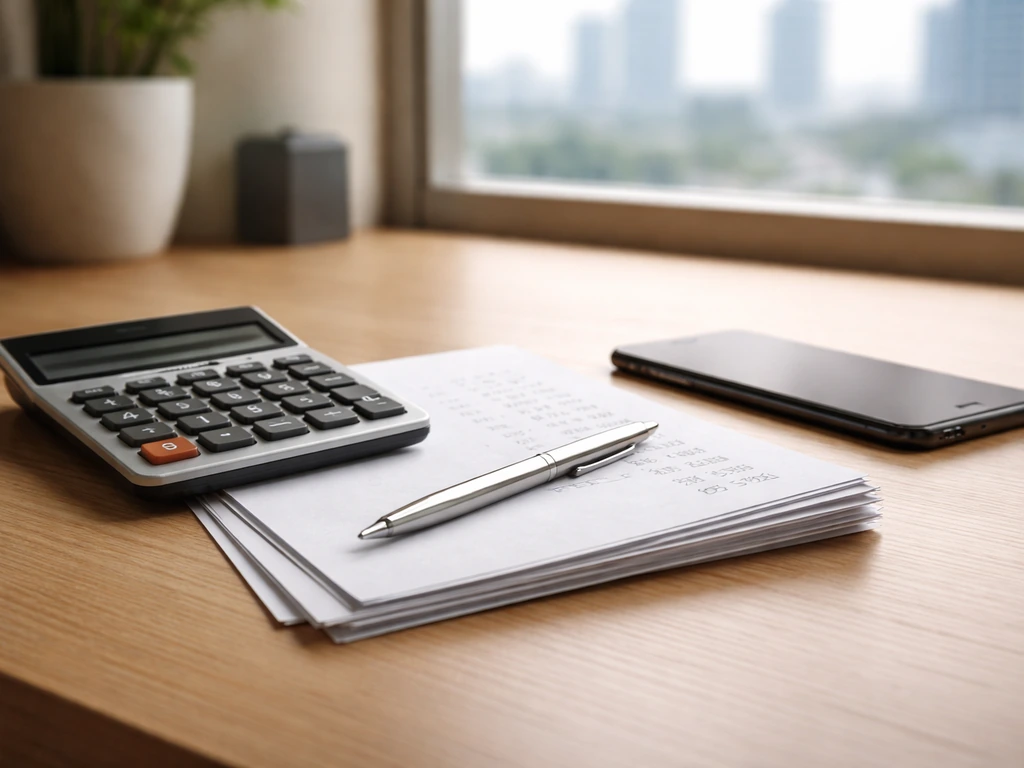 Minimal photo of a desk with a calculator and scattered business documents, symbolizing net worth inputs