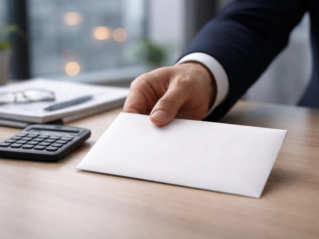 Close-up of a suit sleeve placing a plain paycheck envelope and calculator on a desk