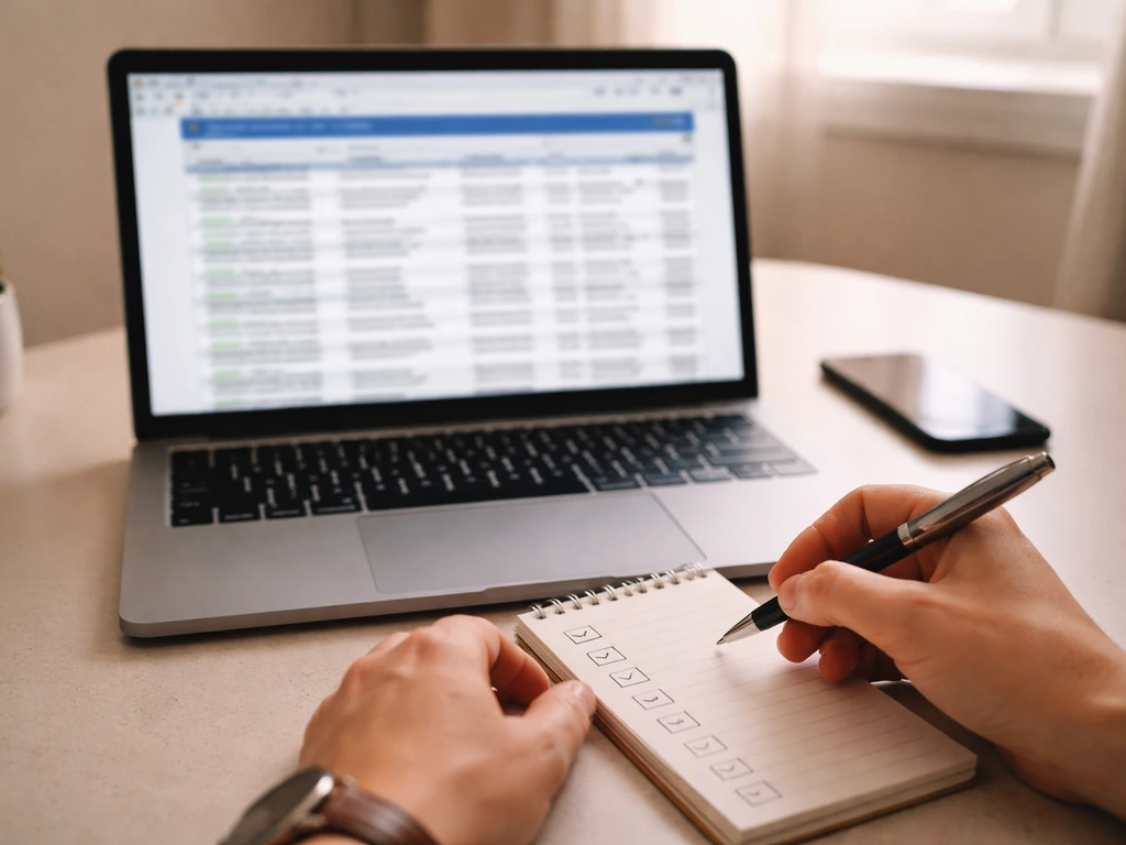 Hands verify blurred property record results on a laptop with a blank checklist notepad beside it.