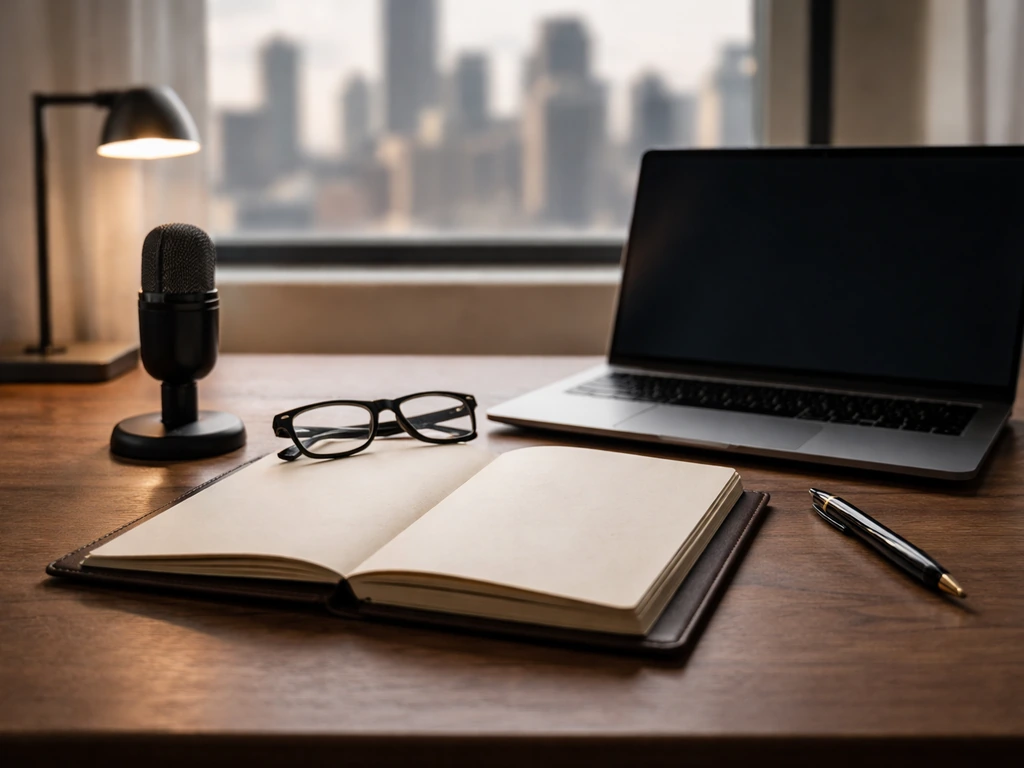 Minimal entrepreneur workspace with sketchbook, microphone, pen, and laptop by a window skyline.