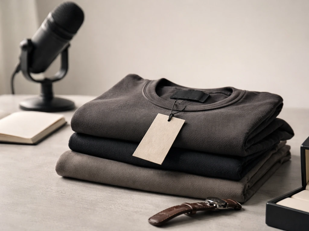 Lying designer clothing label and fabric tag beside a sleek mic in a minimalist studio setting.