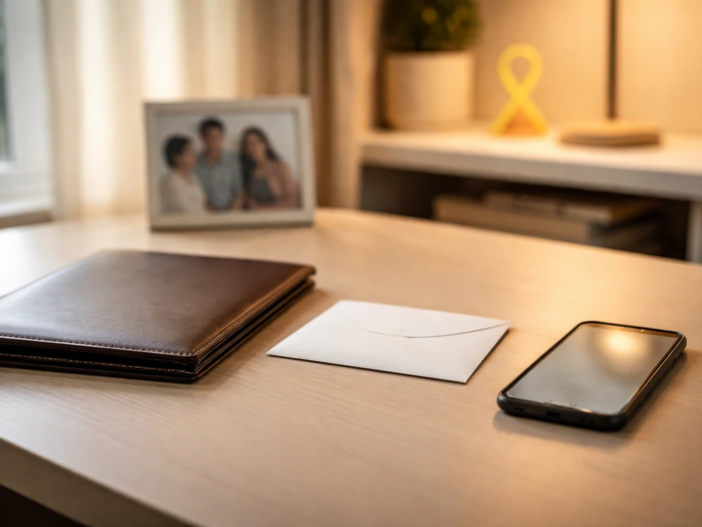 Minimal home office desk with portfolio and donation envelope symbolizing nonprofit and net worth estimation