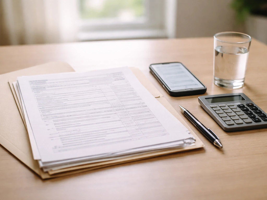 Minimal office desk with obscured nonprofit finance papers, calculator, and blurred phone—public-record analysis vibe.