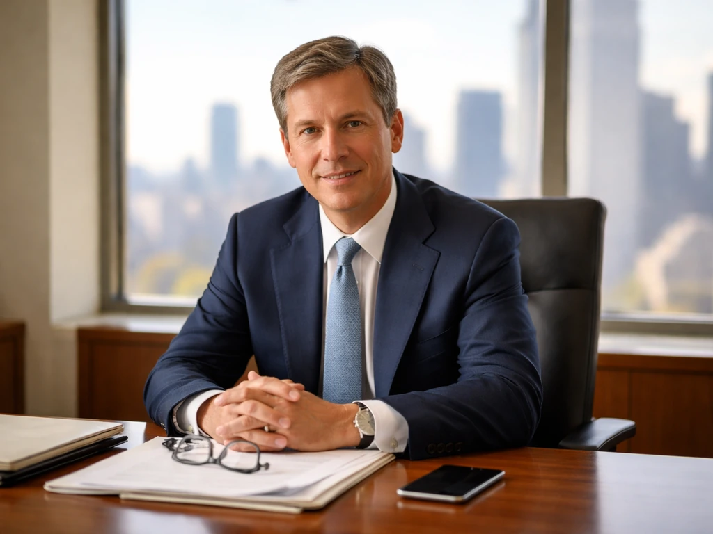 Business executive seated at a desk in a modern office with blurred city skyline behind him.