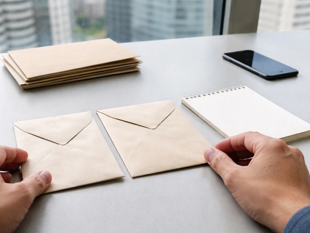 Hands placing blank paperwork envelopes and a smartphone on a minimal desk with city view.