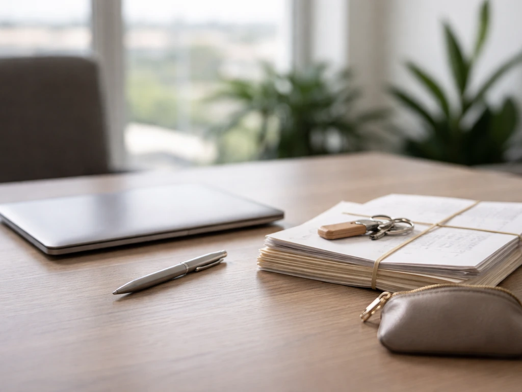 Minimal photo of a business desk with a laptop and scattered equity-like documents, symbolizing wealth from compensation