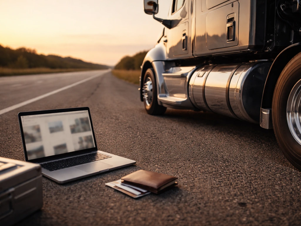 Parked semi-truck beside an open laptop and wallet, symbolizing trucking identity and finance analysis.