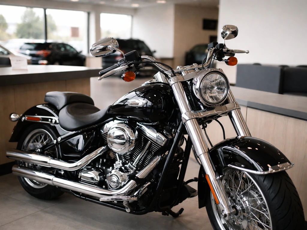 Harley-style motorcycle displayed in a quiet dealership showroom, symbolizing earlier sales wealth-building.