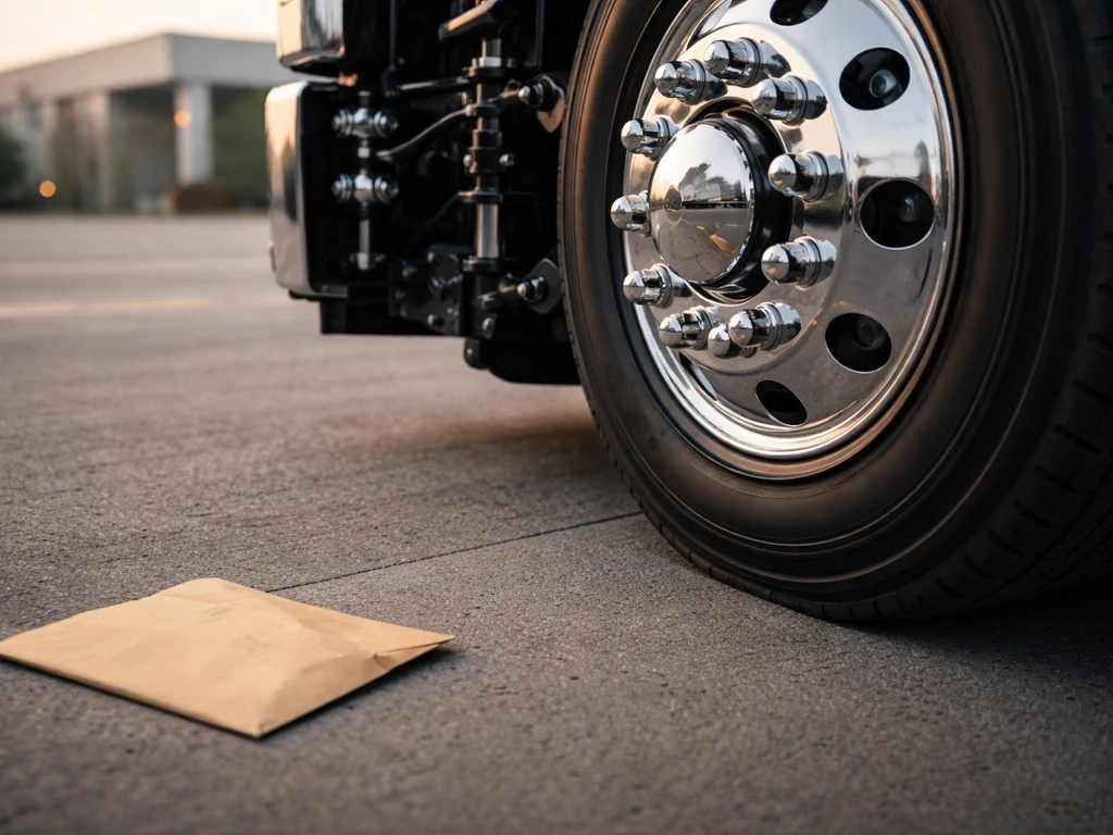 Close-up of a commercial truck component beside a blank manila envelope in an industrial lot.