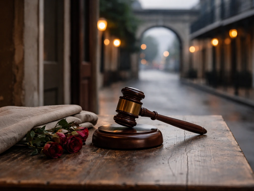 Anonymous civil-rights style scene with a vintage gavel and New Orleans–inspired street setting at dusk